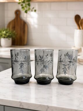 Vintage MCM Libbey Smoked Fern Glass Tumblers Set Of Three Botanical Print